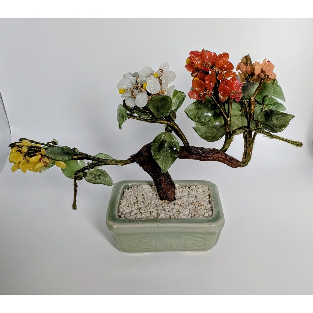 Vintage Chinese Jade Stone Glass Bonsai Mineral Tree Multi Color